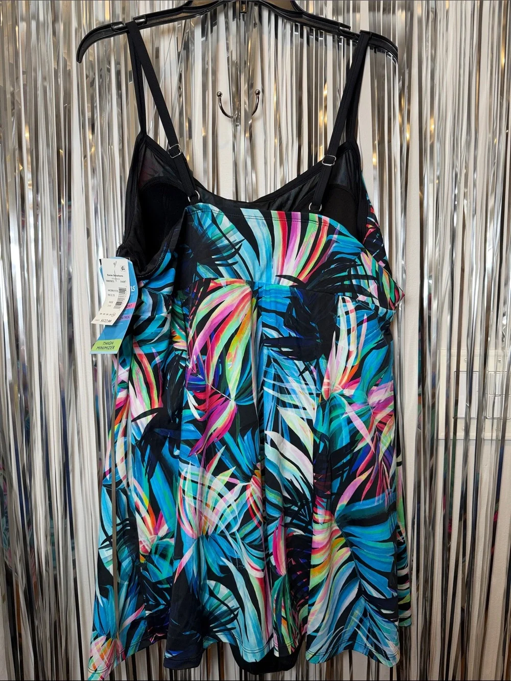 Swim Solutions Multicolor Tropical Leaf One-Piece Swimdress Black Trim 24W NEW - Picture 5 of 7